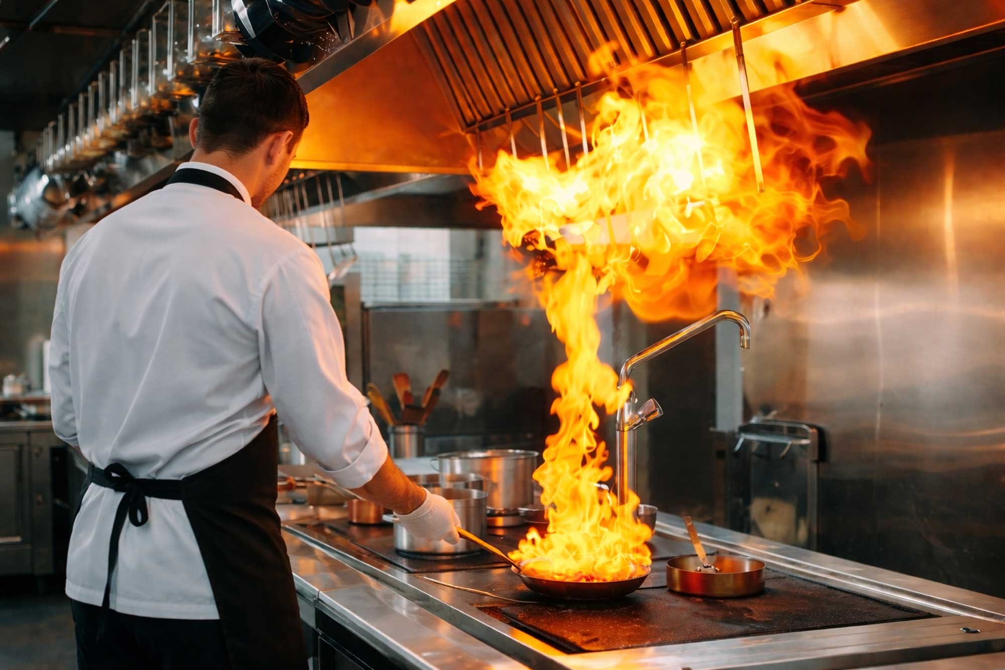 Manage Indiana Kitchen Fire Suppression with help from Bradley Fire & Environmental Services image shows chef cooking in kitchen