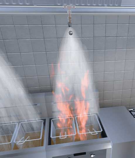 Work with the Bradley Fire & Environmental Services team on Indiana Kitchen Fire Suppression image shows sprinkler over kitchen flames