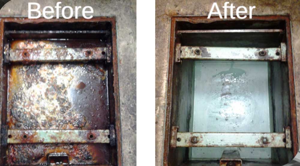 Grease trap cleaning can help with Indiana Kitchen Fire Suppression image shows grease trap before and after cleaning