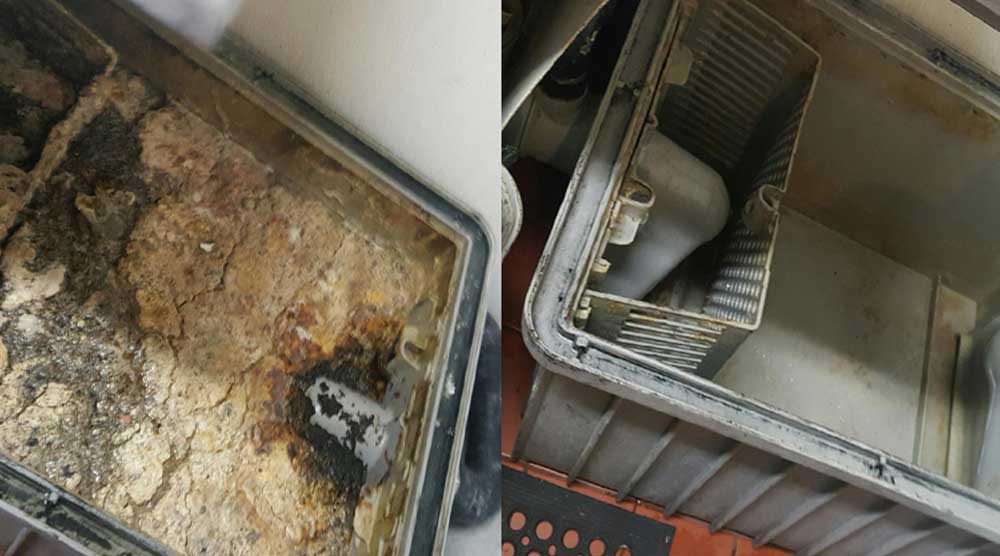Grease trap cleaning helps with Indiana Kitchen Fire Suppression image shows grease trap before and after cleaning process
