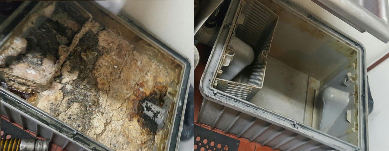 Bradley Fire & Environmental Services provides Indiana Kitchen Fire Suppression services image shows grease trap before and after cleaning completion